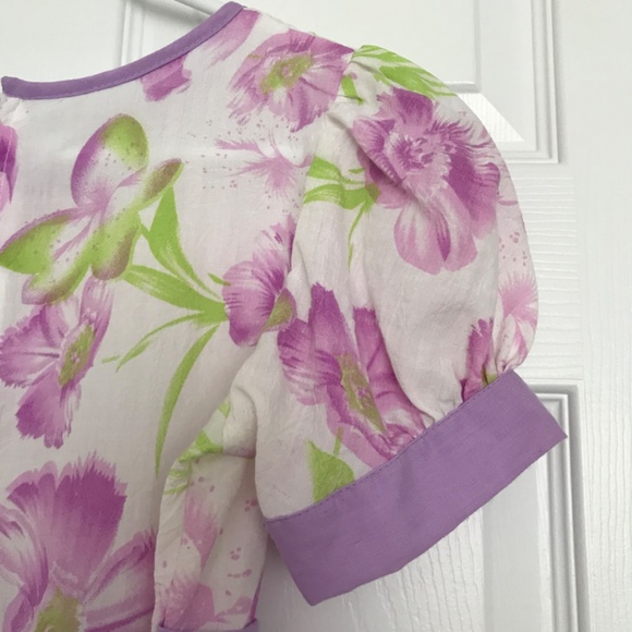Purple White Floral Short Sleeve Dress Girls Size 9 With Front Bow Back Zipper - Picture 7 of 8